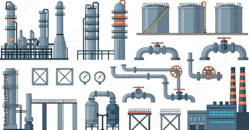 Oil Refinery Industrial Equipment and Pipeline Icon Set with Storage Tanks and Valves