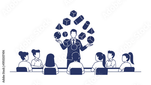 Leading Innovation: A leader in a formal business setting captivates the audience by juggling various shapes, symbolizing innovation and ideas. It's a visual metaphor for creativity.