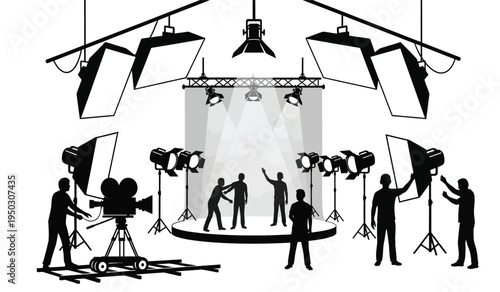 A silhouette illustration of a professional film production studio set with crew and equipment
