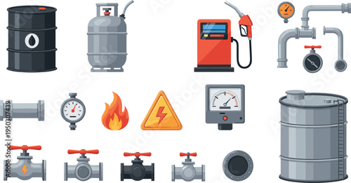 Oil Gas Industry Equipment Icon Set with Fuel Pump Tank Pipeline Valve Symbols