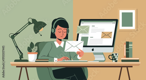 A focused woman wearing headphones diligently handles digital correspondence and client communication from her organized home office workspace.