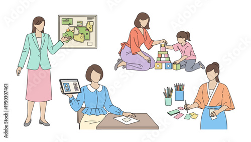 Versatile Woman in Action: A series of vignettes illustrating a woman's multifaceted roles, from business leadership to nurturing familial connections and exploring creative endeavors. 