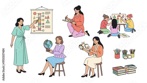 Diverse Learning Environment: A collection of educational scenes depicting various activities. A teacher presenting educational information, students exploring creative arts.