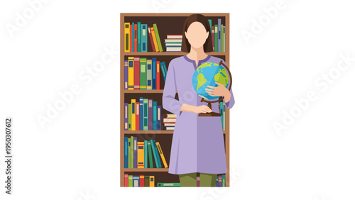 Teacher with Globe in Library: A teacher stands proudly in front of a full bookshelf, cradling a globe in a scene which creates an atmosphere of intellectual curiosity and academic knowledge.