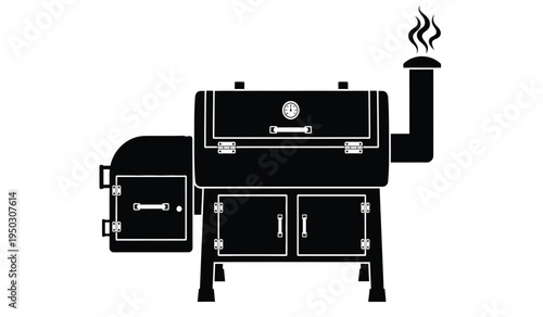 A black silhouette of a heavy duty offset smoker grill with a smoke stack and a temperature gauge