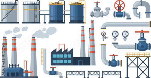 Industrial Factory and Power Plant Equipment Icon Set with Pipes Tanks Chimneys