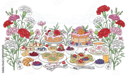 A colorful illustration of a dessert table with flowers and cakes