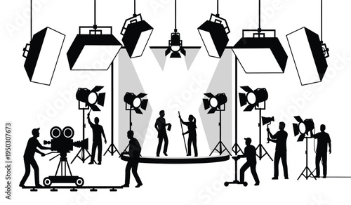 Black silhouette illustration of a professional film production crew working on a busy movie set