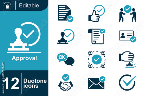 Approval icon set. Document approval process, verification confirmation system, agreement validation concept, workflow authorization, confirmation check mark and more. Duotone vector icons collection.