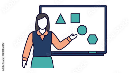 Geometry Teacher: A teacher in a classroom presents geometric shapes on a whiteboard, engaging students in a lesson about forms, sizes, and dimensions.