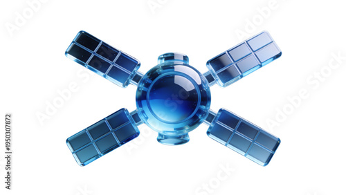 Futuristic blue glass satellite icon, global communication and space technology concept