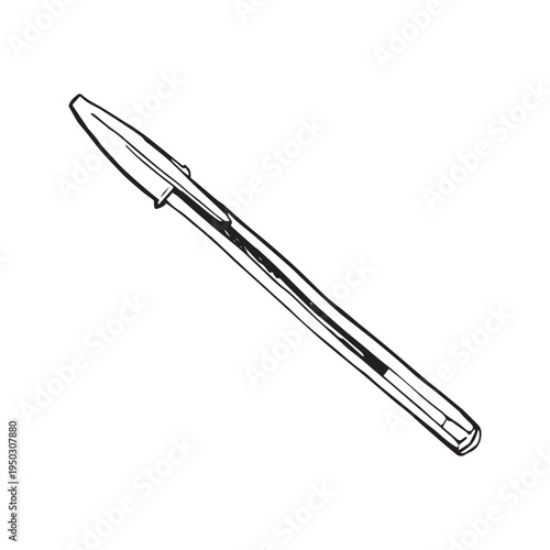 Hand drawn ballpoint pen sketch, single pen with clip in bold line art, office school stationery supply icon, black ink isolated on white background
