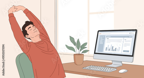 A young man stretches his arms above his head, taking a refreshing break from his computer work at a modern home office desk.
