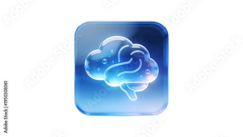 Blue glass icon of human brain, concept of cloud computing and artificial intelligence