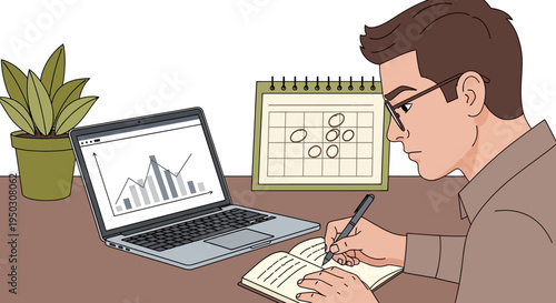 A focused young man diligently plans his tasks, analyzing financial data on a laptop screen while meticulously taking notes in his personal journal.
