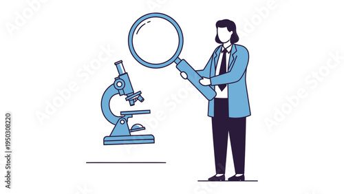 Scientific Scrutiny: A dedicated researcher intently examines a microscopic world with a magnifying glass, unveiling secrets alongside a precision-engineered microscope. 