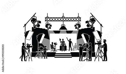 A professional television studio production scene featuring a crew filming a talk show set design