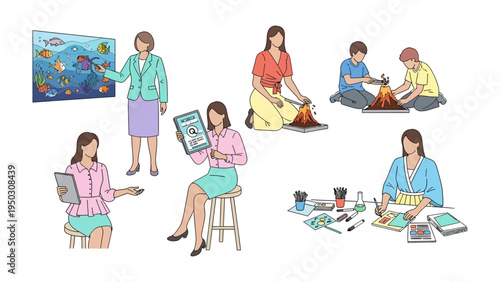 The Art of Instruction: Diverse educators and children engaged in a variety of educational activities, showcasing the dynamic world of learning through hands-on experiences.