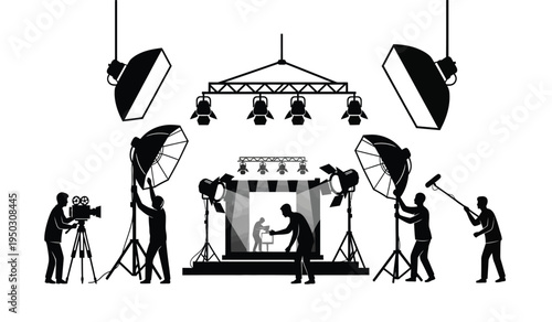 Black silhouette illustration of a professional film production crew working on a movie studio set