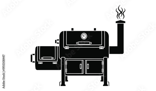 A black and white vector illustration of a traditional offset smoker grill for barbecue cooking