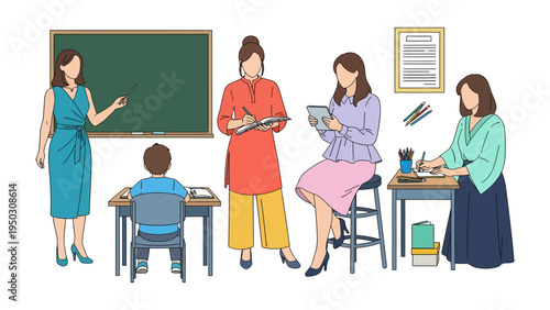 Educators in classroom: A classroom scene with teacher and pupil studying and learning at desks, showcasing different activities