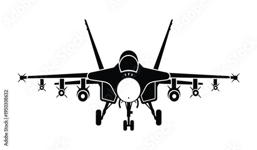 A detailed black silhouette graphic of a modern supersonic fighter jet viewed from the front side