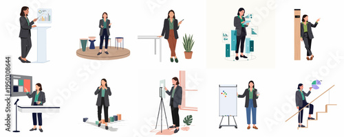 A collection of professional flat illustrations of a businesswoman engaged in diverse activities like presenting, analyzing data, and leading in an office environment.