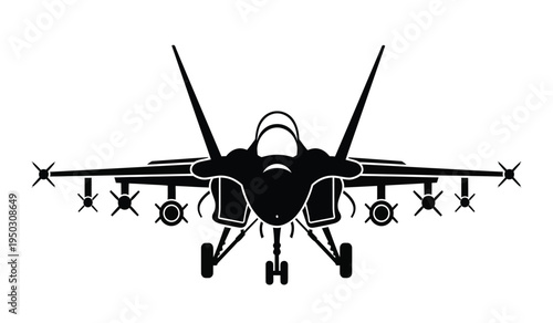 Front view silhouette of a modern multirole fighter jet aircraft equipped with various armaments