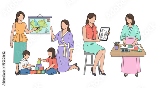 Education Ensemble: A collection of educational moments featuring a teacher guiding young learners. Demonstrating the diverse activities within a learning environment.