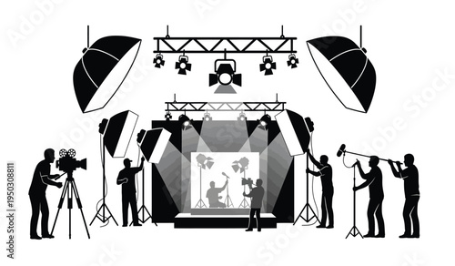 Professional film production crew working on a busy movie set with lights and camera equipment