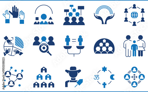 A set of icons related to Society. Social, policy, religion, laws, equality, equity, diversity, connection, and so on.