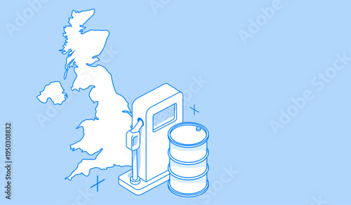 Uk fuel and oil price crisis with isometric map of United Kingdom petrol pump barrels and pound currency illustrating energy market pressure
