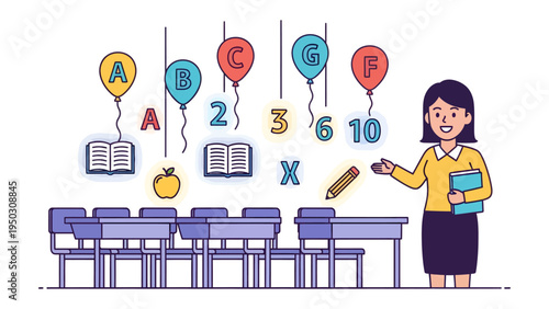Educational Classroom: An engaging illustration of a classroom environment featuring a teacher, books, numbers, and colorful balloons, perfect for educational content.