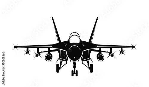 Front view silhouette of a modern multirole fighter jet aircraft equipped with various missiles