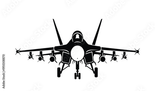 A detailed black silhouette of a modern fighter jet aircraft shown from a direct front perspective