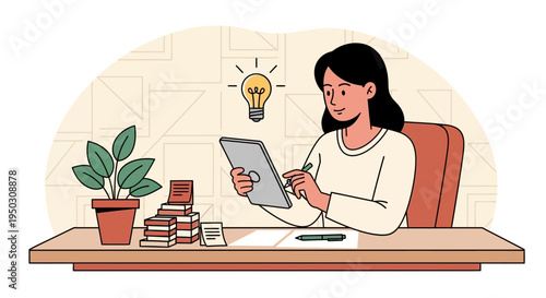 A focused young woman skillfully works on her tablet, a bright idea illuminating above her, representing innovative thinking and efficient digital work.