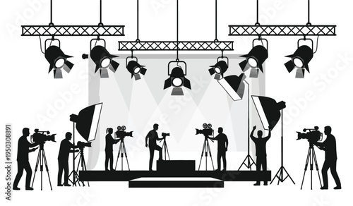 Black silhouettes of film crew members and camera operators working on a professional tv studio set
