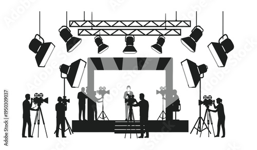 A silhouette illustration of a professional film production studio set with cameras and lighting