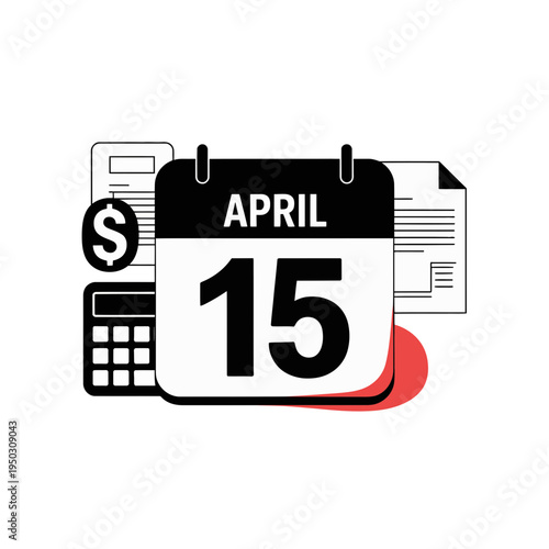 A calendar page showing April 15 with tax documents and a calculator