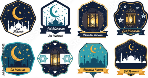 Islamic eid mubarak and ramadan kareem sticker badge set with night sky