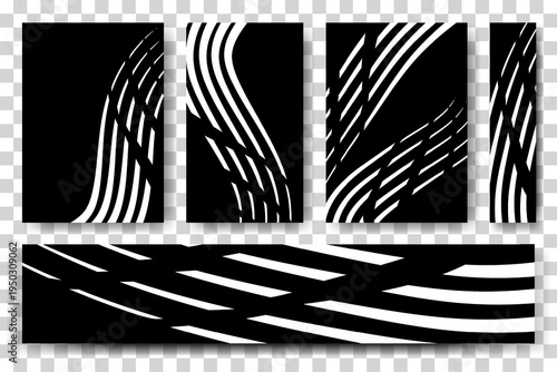 Abstract dynamic linear background set with soft shadows on transparent backdrop. White distorted stripes on black. Minimalist geometric Op-Art vector illustration.