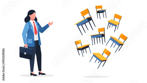 Teacher and Floating Chairs: A well-dressed teacher points towards a cluster of floating chairs, illustrating educational concepts in a modern and engaging classroom setting.