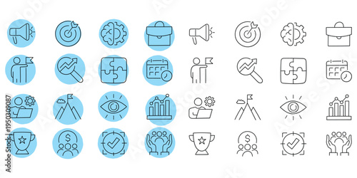 Hand-drawn cartoon and doodle set of business strategy icons on a white background.