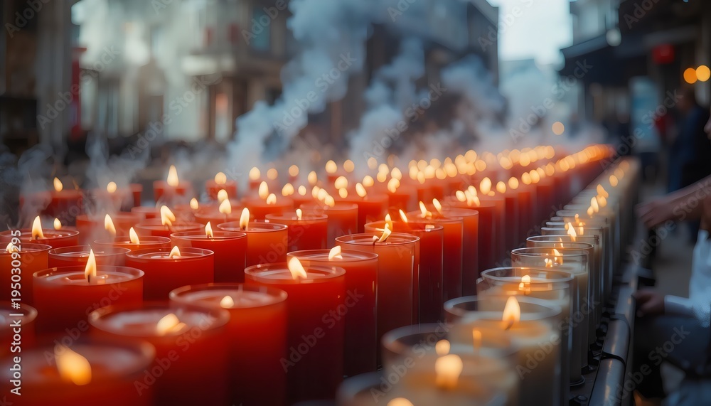 Obraz premium Rows of Burning Religious Candles, Spiritual Worship, Prayer and Meditation Atmosphere, Devotion and Faith Concept, Sacred Lighting