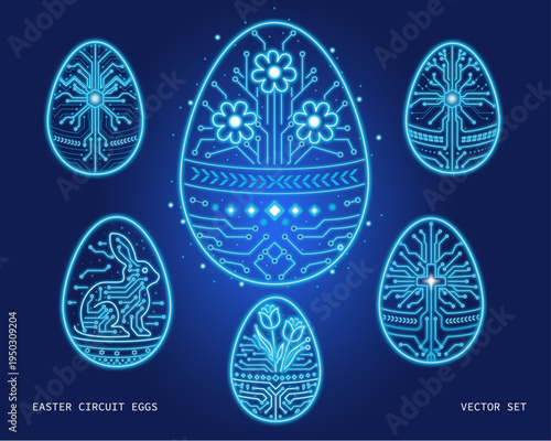 Obraz na płótnie Futuristic Easter Eggs Circuit Technology Vector Set – Digital Spring Holiday Decoration Collection