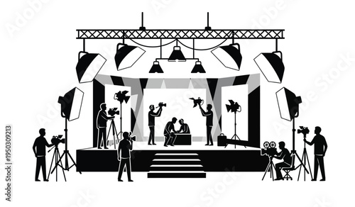 A black and white illustration of a busy film studio production scene with cameras and lighting