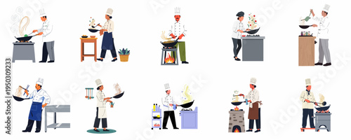 A diverse collection of professional chefs in white uniforms cooking delicious noodles and stir-fry dishes using traditional woks on various stoves.