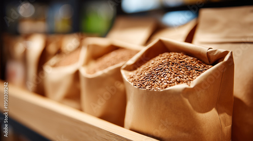 Organic flaxseeds fill open kraft paper bags displayed on wooden shelf in eco store. Warm bokeh background captures sustainable packaging, healthy food retail and zero waste market themes.