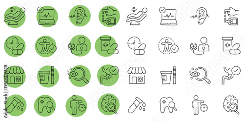 Hand-drawn cartoon and doodle set of health checkup icons on a white background.