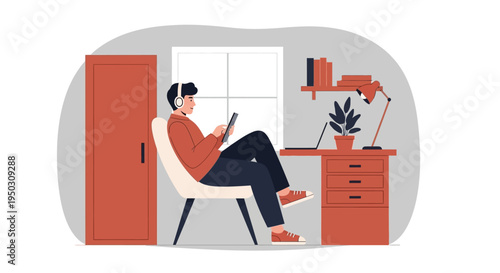 A young man relaxes at home, immersed in digital content with headphones while comfortably using a tablet in his modern living space.